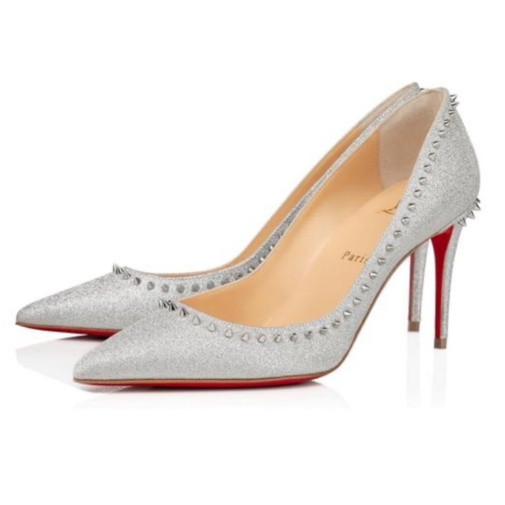 Christian Louboutin Anjalina 85 Glitter Spike Stud Pointed Toe Pump Heels Silver
